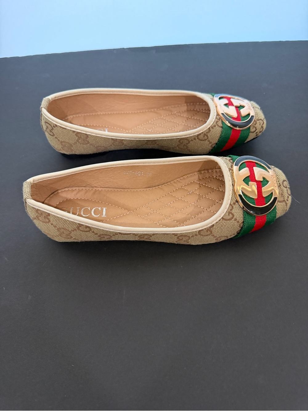Beige Canvas Ballet Flats with Green-Red Stripe and Gold Emblem
